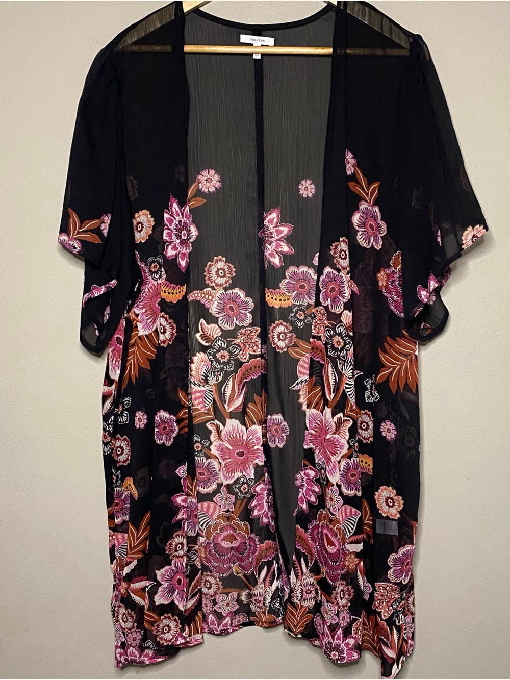 Maurices Sheer Floral Flutter Sleeve Kimono Cover Up Women 0X Black Pink Orange